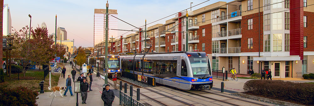 A light rail stop in South End.