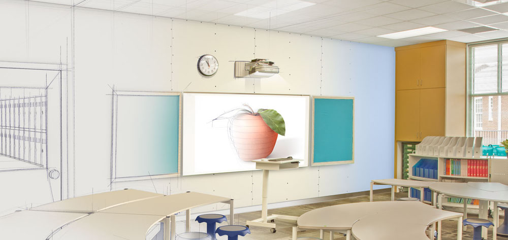 The classroom shown here shows us taking a stock photo and altering it to look like an architectural drawing.