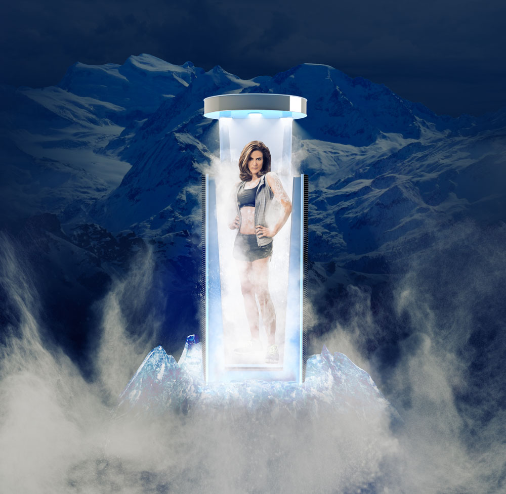 Full body shot of someone in a cryotherapy chamber.