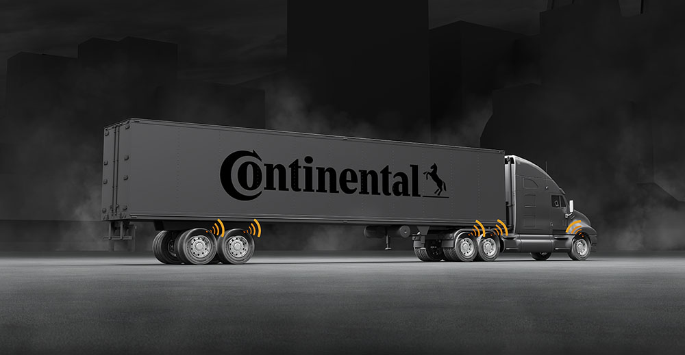 This shows a tractor trailer rig using Continental Tire's pressure sensor.